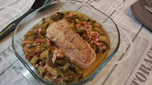 Rôti de porc et son trio de légumes aux lardons, au Cookéo