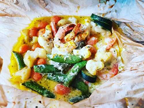 Papillote de cabillaud aux crevettes et ses petits légumes