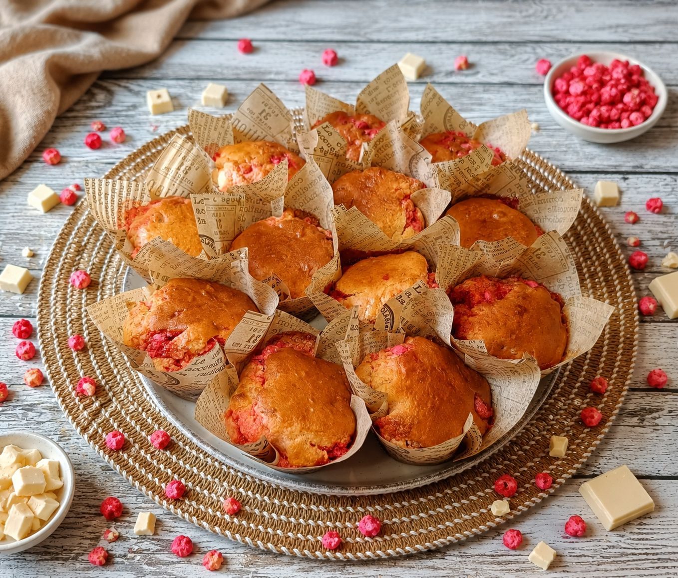 Muffins aux pralines roses et chocolat blanc