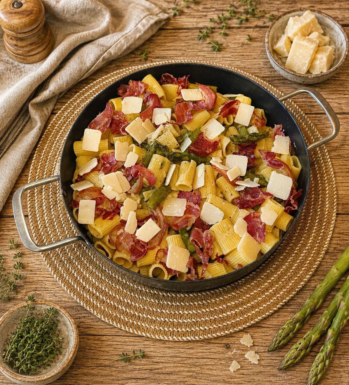 Pâtes aux asperges vertes, pancetta croustillante et parmesan