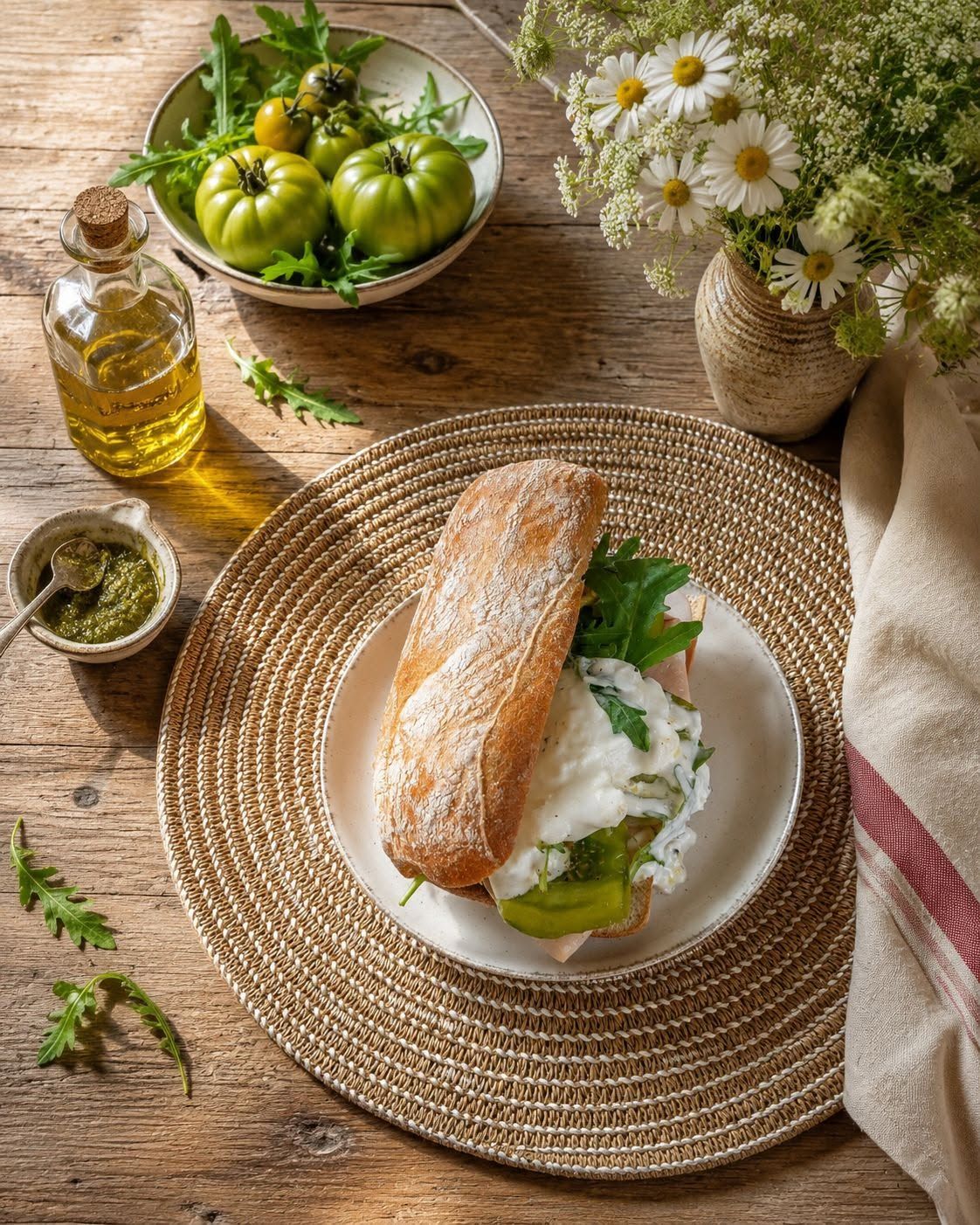 Sandwich ciabatta, pesto, mortadelle, roquette et burrata