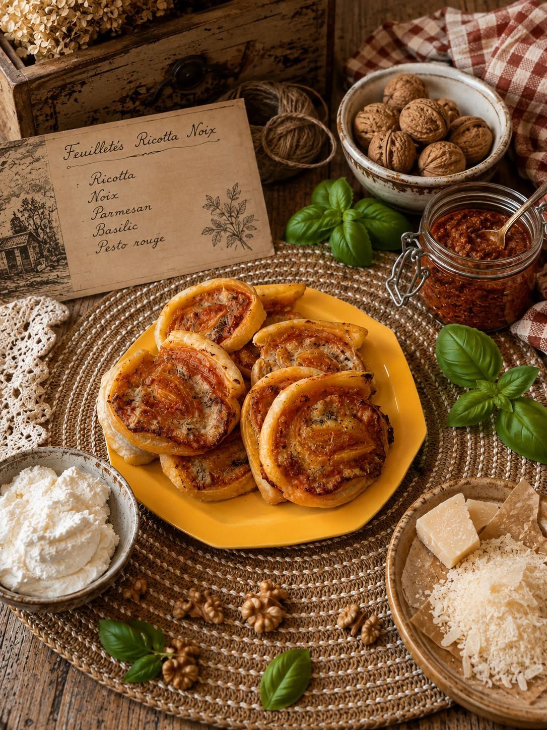 Roulés feuilletés au pesto à la ricotta, noix et parmesan