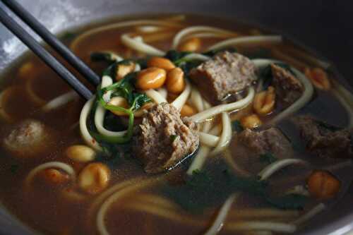 Soupe de nouilles épicée au boeuf, cacahuètes et coriandre