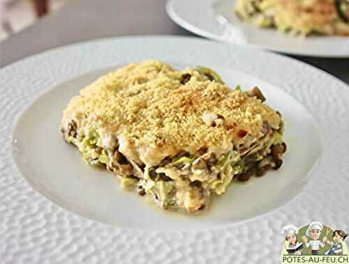Gratin de poireaux, champignons et lentilles