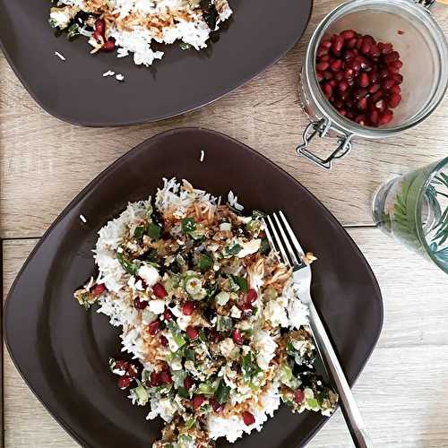 Riz au four à la ciboule, aubergine et grenade