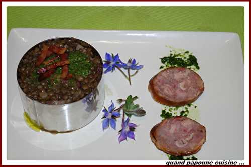 LENTILLES VERTES FACON RISOTTO, ANDOUILLE DU VAL D'AJOL ET SA VINAIGRETTE AUX HERBES...