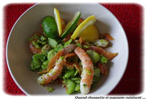 SALADE DE FEVES, TRUITE FUMEE ET CREVETTES