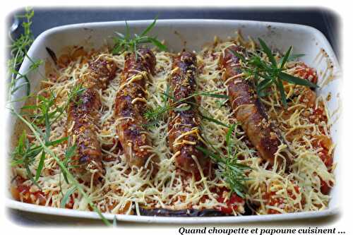 CHIPOLATAS AUX AUBERGINES ET A LA FONDUE DE TOMATE