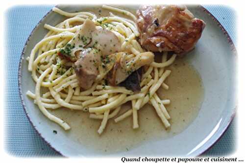 LAPIN AU VIN BLANC ET AUX CEPES ET AUX PIEDS ROSES