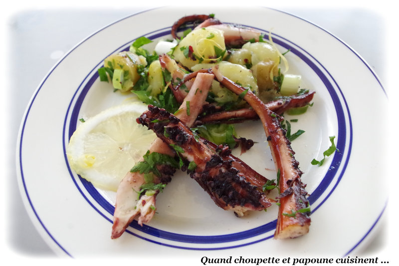 POULPE FONDANT, SALADE DE POMMES DE TERRE TIEDES AU PERSIL ET PIMENT FUME