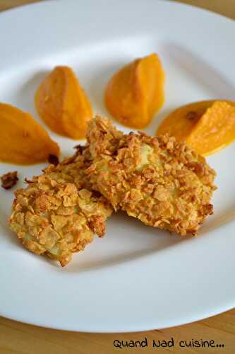 Poisson snacké aux corn flakes, purée de carotte à l'orange