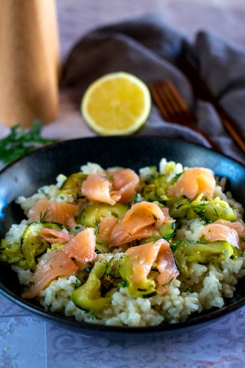Risotto au saumon fumé et courgettes