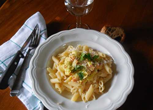 Penne au bacon, poireau et tome fraîche de l’Aubrac