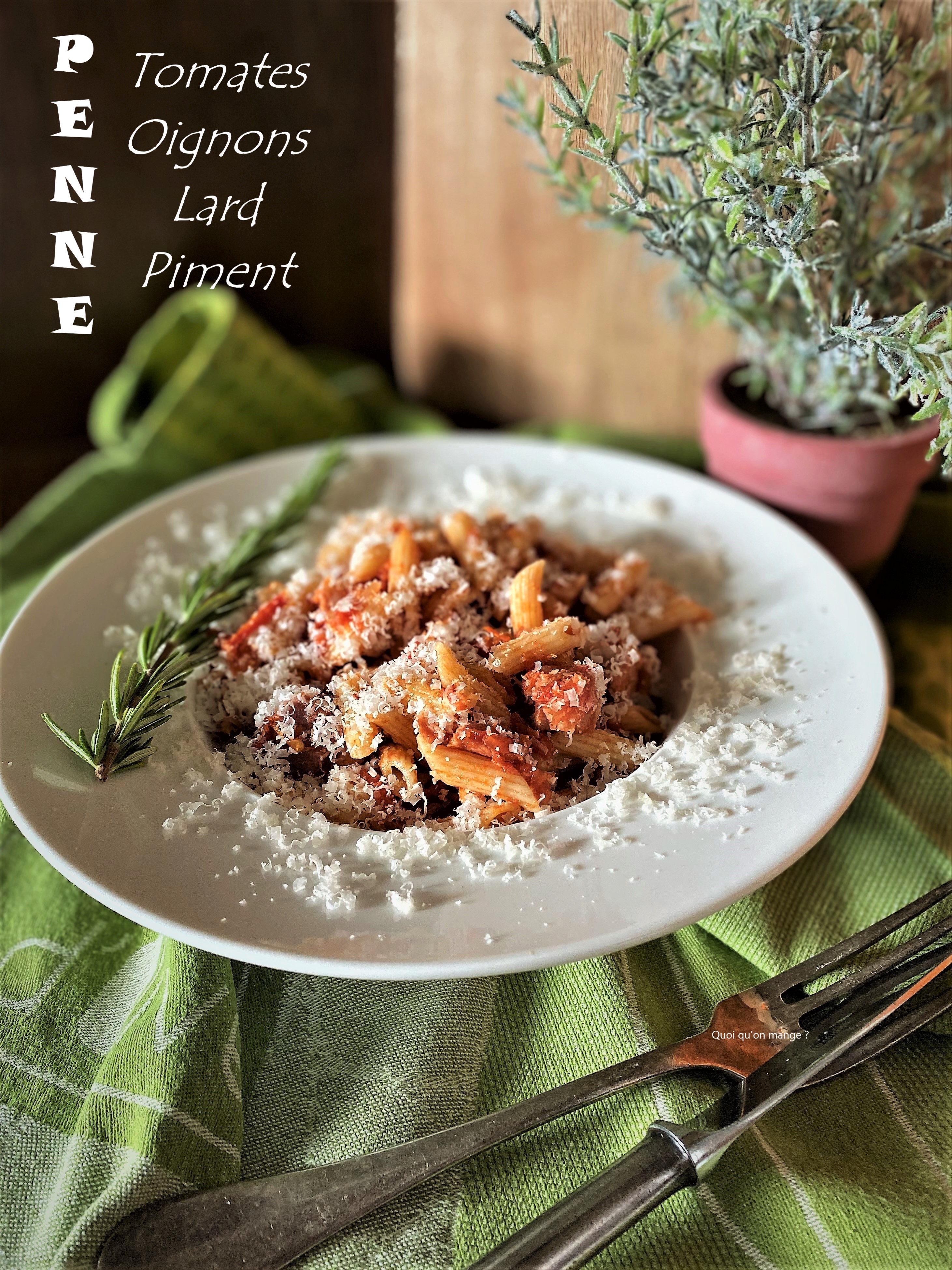 Penne à la tomate, lard, oignon et piment ou Penne Rigate con pomodoro, pancetta, cipolla, peperoncino