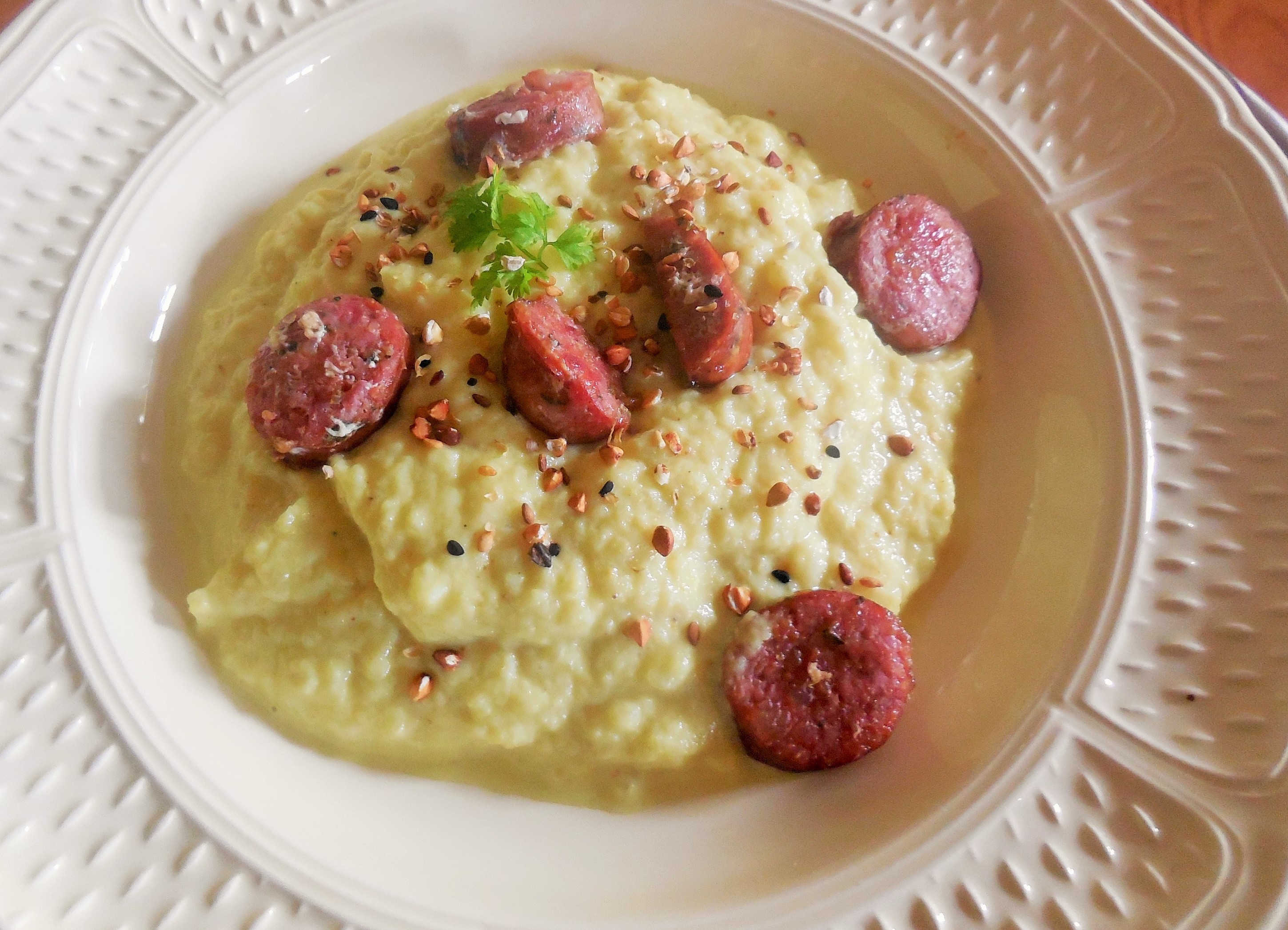 Purée de chou-fleur, saucisse de Molène