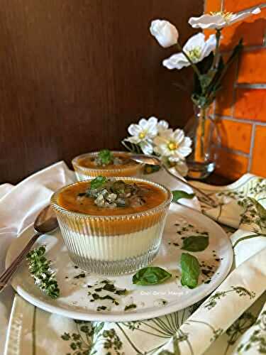 Douceur de l’été | Panna Cotta au Basilic – Coulis Pêches et Basilic – Granité de Basilic