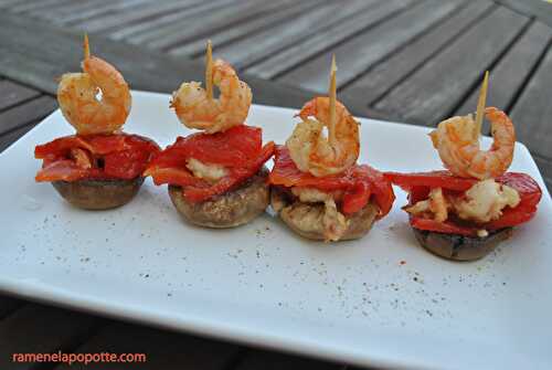 Bouchées champignons et crevettes en "portefeuille" poivrons