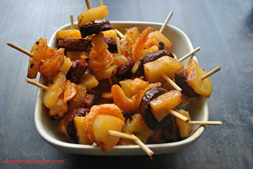 Brochettes crevettes - ananas - chorizo