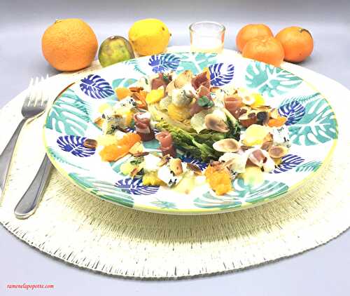 Salade d’agrumes, sucrine, jambon et fromage