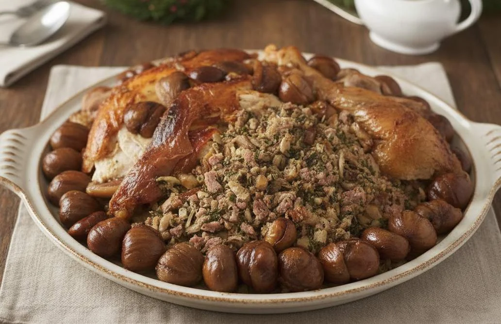 Chapon farci aux champignons et châtaignes
