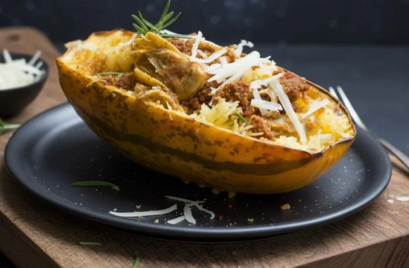 Courge spaghetti aux lardons tomates et fromage