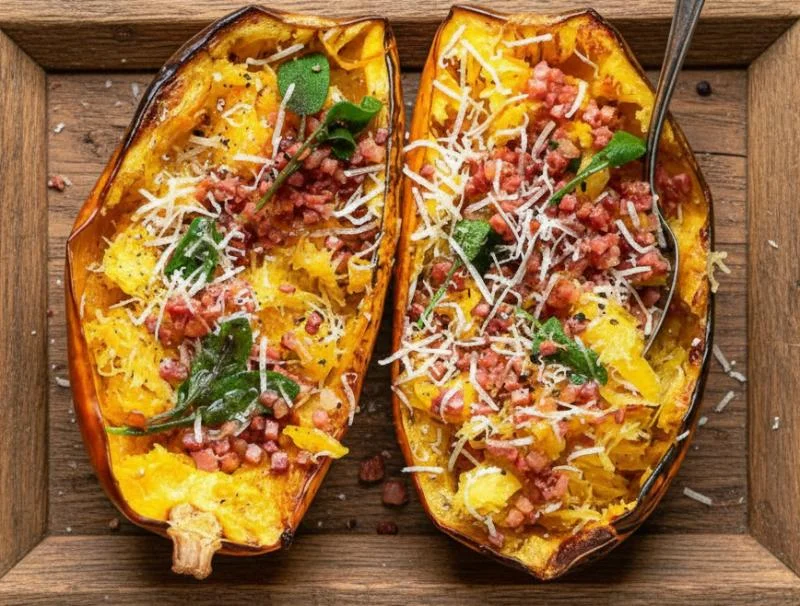 Courge spaghetti farcie au bacon et à la sauge