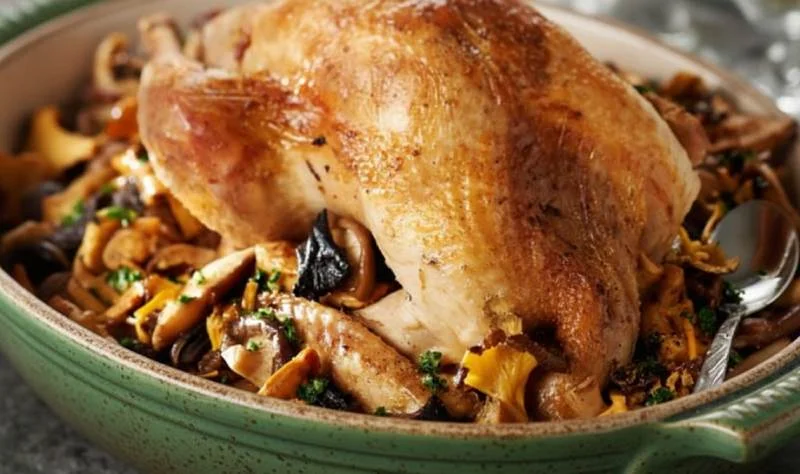 Dinde aux champignons et marrons fondants