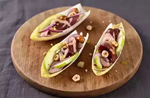 Endives farcies magret fumé, pomme verte et noisettes grillées