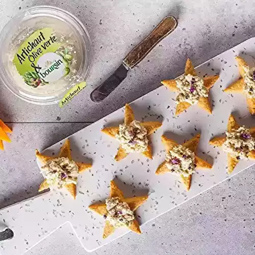 Étoiles de sablés à la mimolette et Boursin® Tartinable Artichaut et Olive Verte
