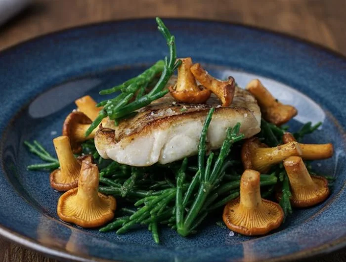 Filet de bar aux salicornes et aux girolles