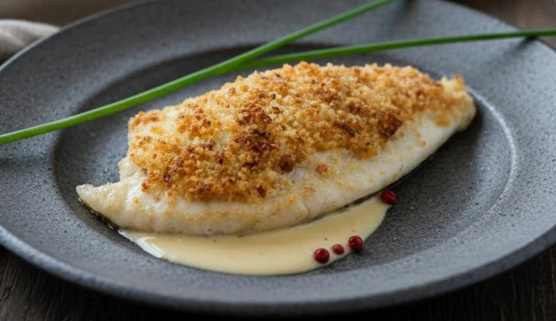Filet de turbot poêlé, un voile de parmesan épices, fumet réduit aux épices du pain