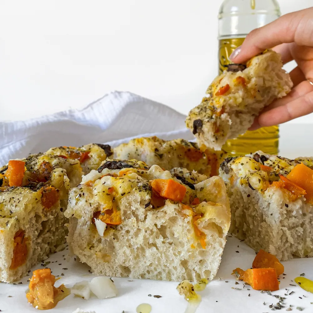 Focaccia aux champignons et potimarron rôti au miel