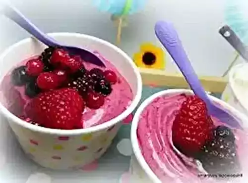 Glace au yaourt et aux framboises et coulis de framboise