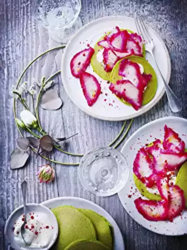 Gravlax de cabillaud, blinis verts