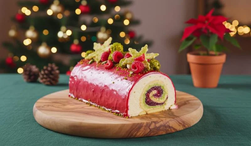 La bûche dans la bûche, pistache et framboise