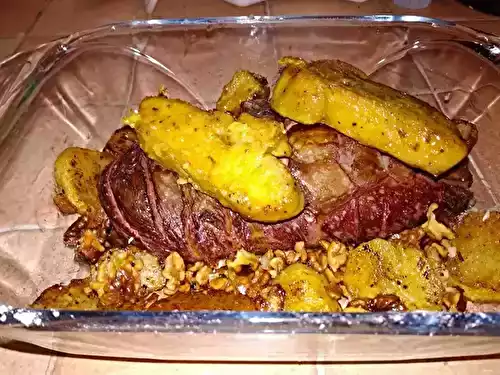 Magret de canard entier sur lit de noix et foie gras poêlé façon Célia