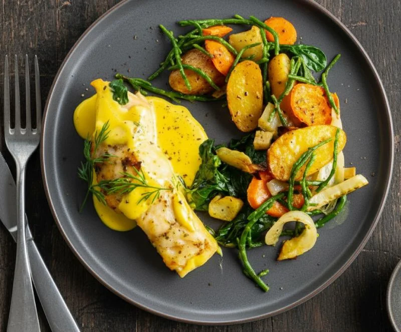 Merlu à la crème de curcuma pommes de terre et salicornes