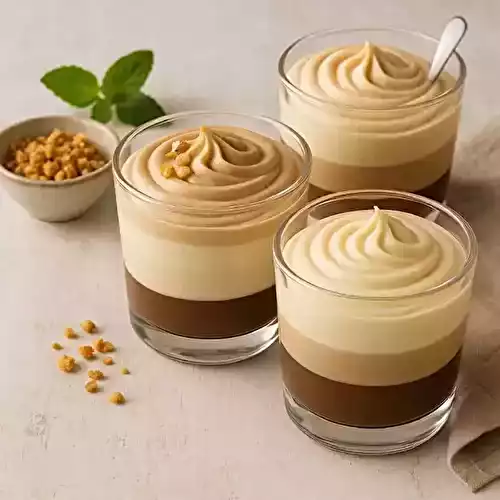 Mousses au chocolat noir, chocolat blanc et praliné