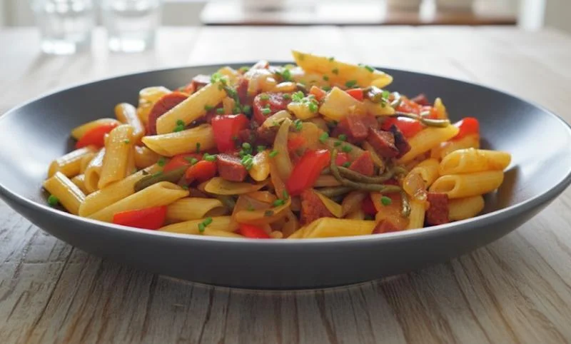 Pâtes au chorizo, poivron et salicorne