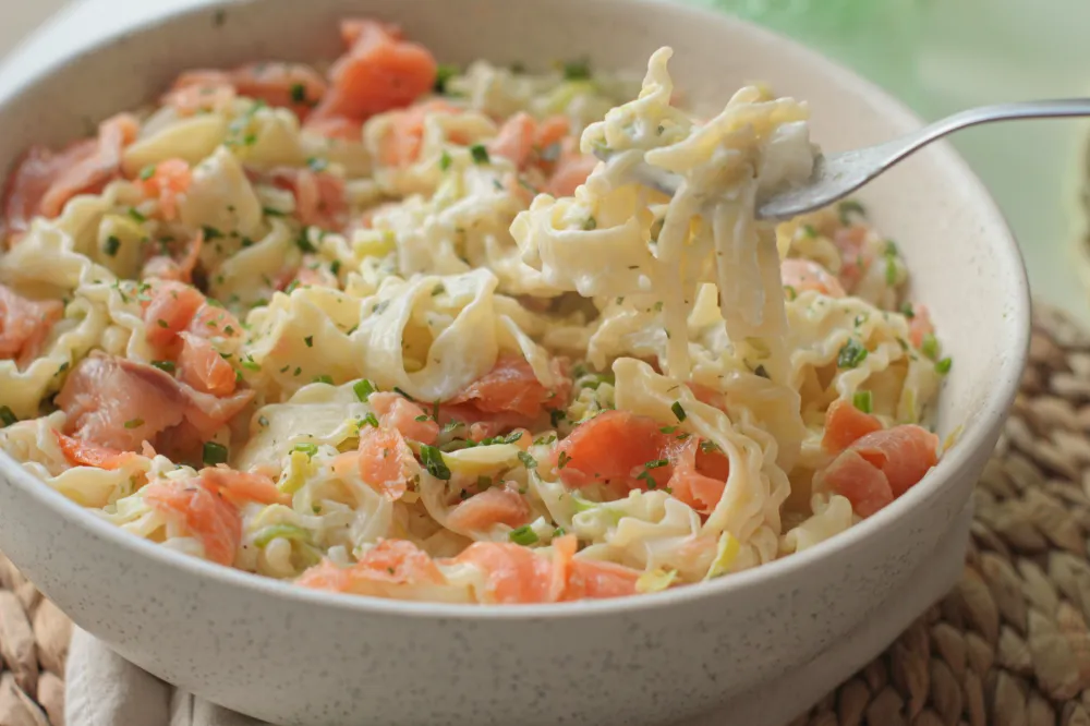 Pâtes crémeuses saumon et poireaux