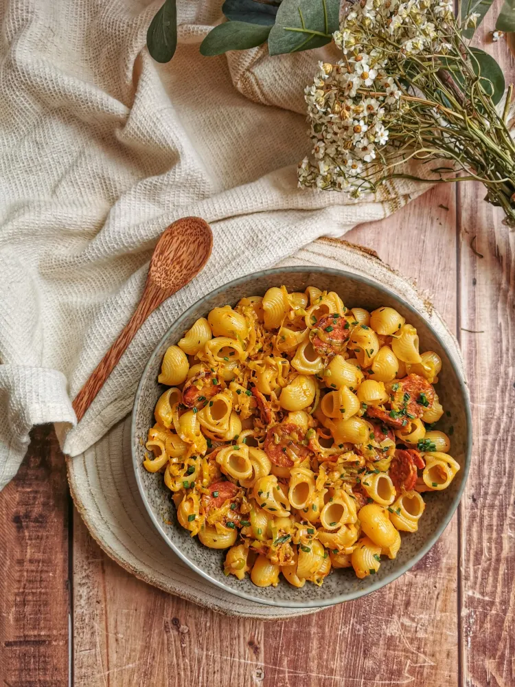 Pâtes poireau, chorizo et mascarpone