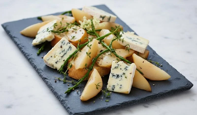 Poires au pain au fromage et salicornes