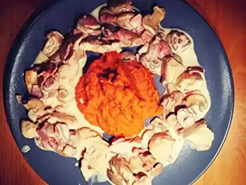 Poulet au cidre, bacon et champignons