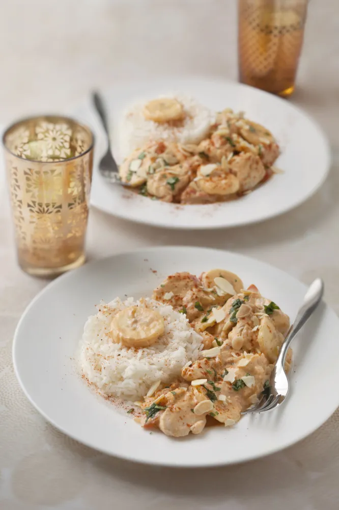 Poulet coco, banane, tandoori