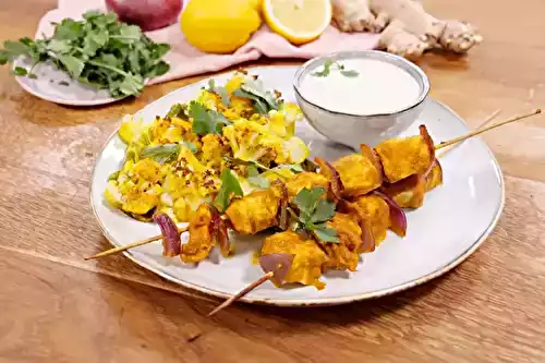 Poulet tandoori en brochette et chou fleur rôti au beurre