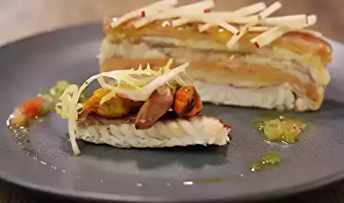 Pressé d'anguilles fumées, foie gras, pommes et piment d'Espelette