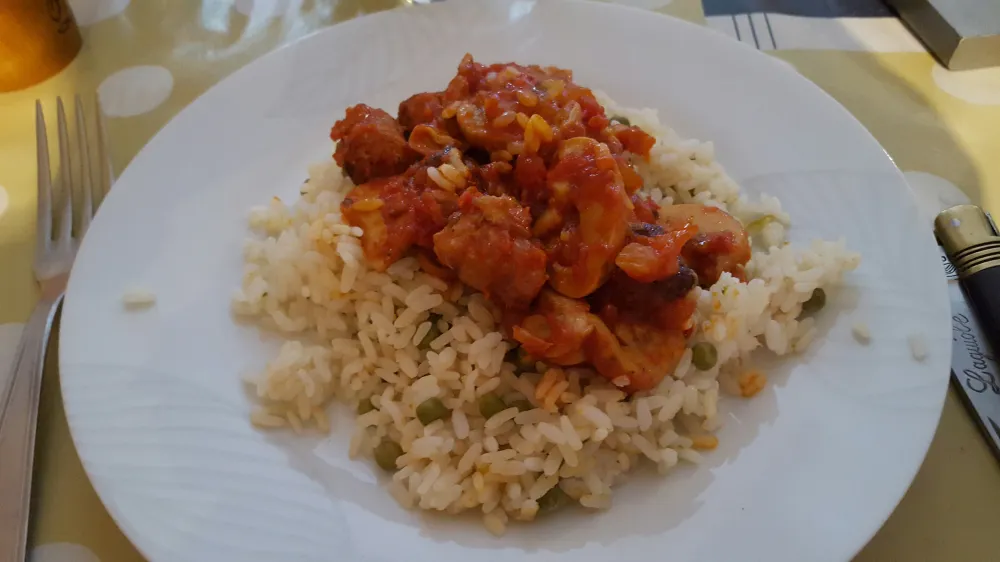 Risotto aux chipolatas, champignons et petits pois