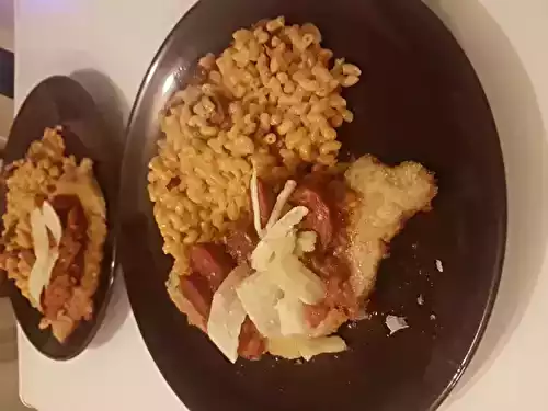 Risotto de pâtes au chorizo, escalope de veau milanaise