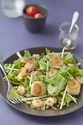 Salade aux noix de st jacques, crevettes et raisins