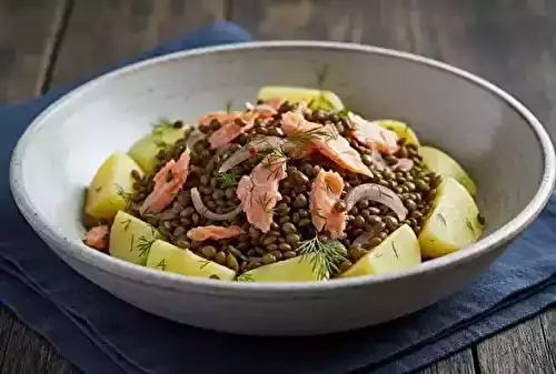 Salade de lentilles, pommes de terre et saumon fumé
